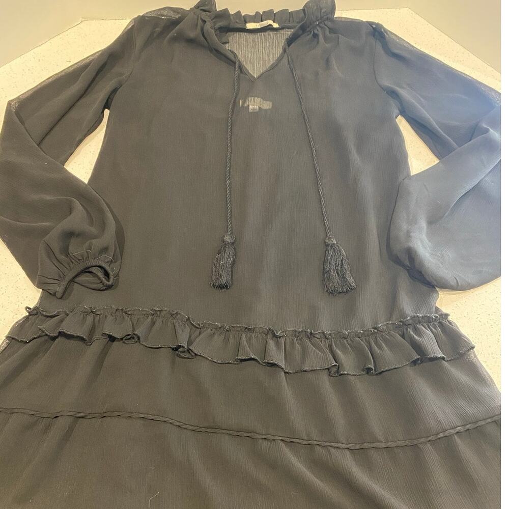 HALO Black Long Sleeve ruffled Mini Dress Tie-neck Size XS